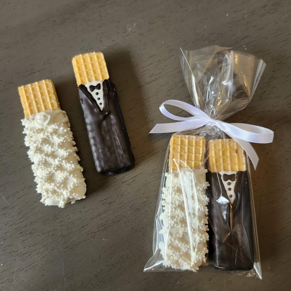 Bride and Groom Chocolate Dipped Wafer Cookies(12-2pks) Wedding Rehearsal Dinner Bridal Shower Favor
