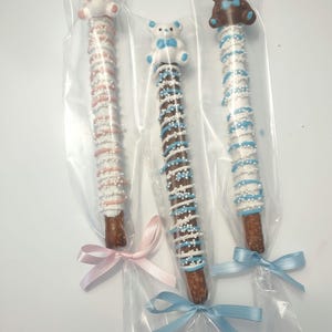 Chocolate Covered Pretzel Rods With Bear birthday baby shower