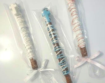 Chocolate Covered Pretzel Rods With Cross For Christening, Communion, or Confirmation(12)
