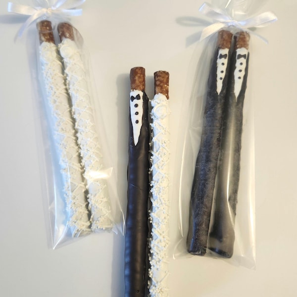 Bride and Groom Chocolate Covered Pretzels (12-2pks) Wedding Rehearsal Dinner Bridal Shower Favor