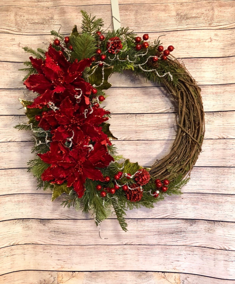 Christmas Poinsettia Grapevine Wreath Christmas Front Door | Etsy