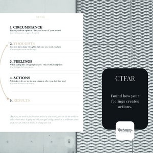 May include: A white and black printable worksheet with the acronym CTEAK, which stands for Circumstance, Thoughts, Feelings, Actions, and Results. The worksheet is a tool for understanding how your feelings create actions. The worksheet is on a gray background with a white grid pattern.