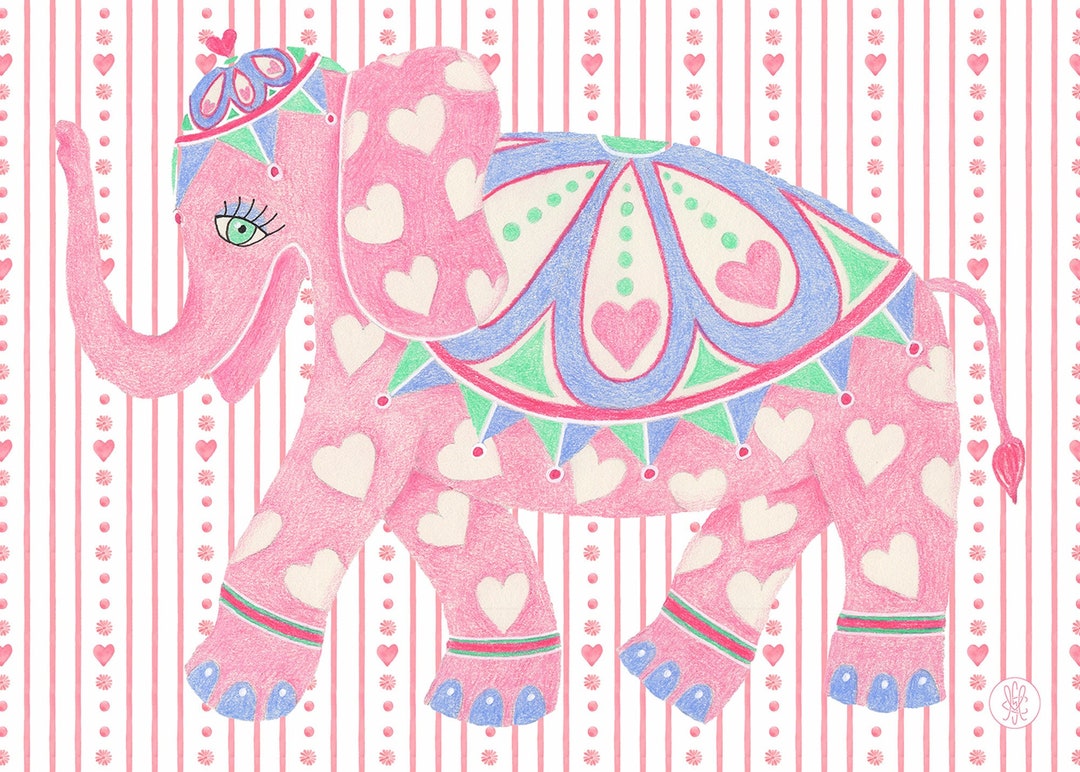 Pink Elephant, Elephant Drawing Pink Elephant Drawing Baby's Room Art Elephant Nursery Art Pink
