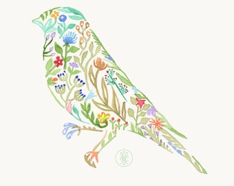 Watercolor Floral Bird, Flowers painted in the shape of a bird