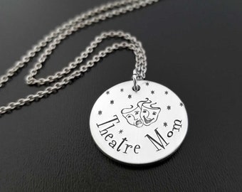 Theatre Mom Necklace, Comedy Tragedy Mask Charm, Hand Stamped