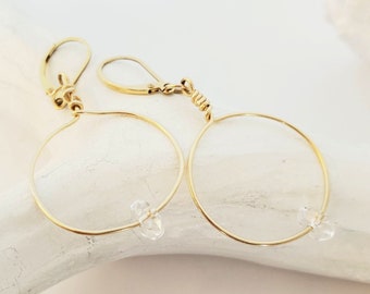 Herkimer Diamond Hoop Cute Earrings Gold Filled, Minimalist April Birthstone, Lightweight Dangle Lever Back, Quartz Crystal Healing
