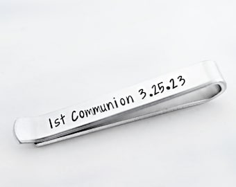 Personalized First Communion Tie Clip for Boys, Hand Stamped Aluminum