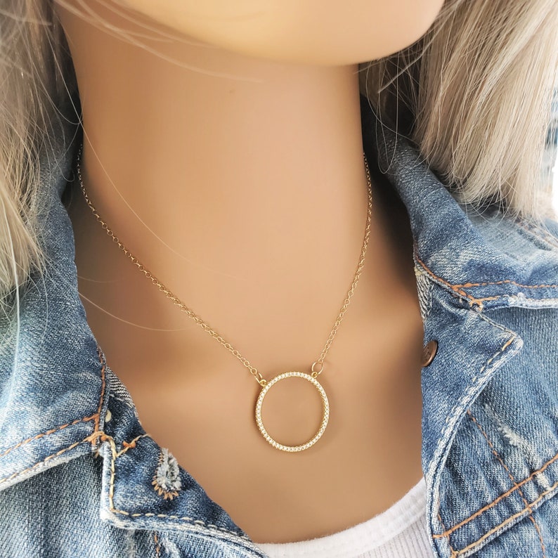 Gold Filled Layering Chain Karma CZ Diamond Pendant Eternal Hoop Open Circle Cubic Zirconia Necklace Crystal April Birthstone
