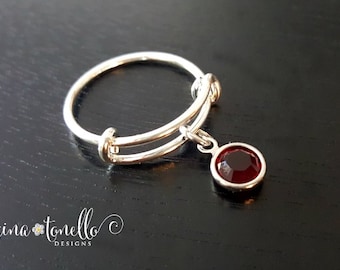 Personalized Birthstone Charm Ring, Wire Ring