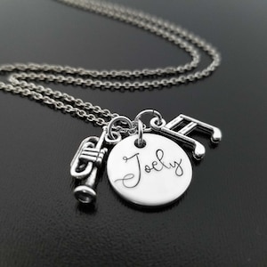 Musical Instrument Necklace, Personalized Marching Band Geek Jewelry, Violin, Flute, Trumpet, Clarinet, Sax, Drum Set
