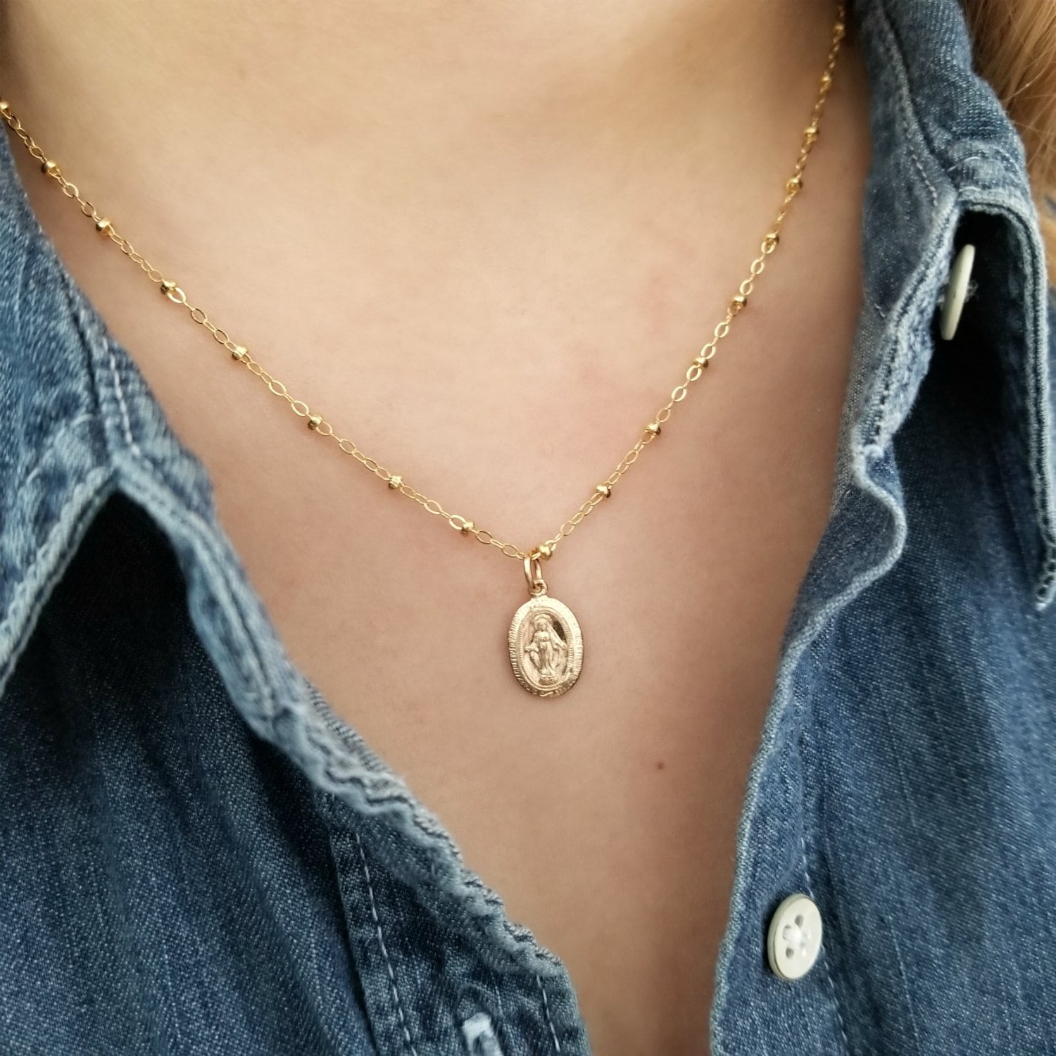 Virgin Mary Religious Medal Necklace 