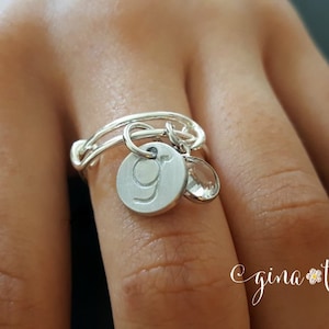 Personalized Birthstone Initial Charm Ring, Silver Dangle Ring