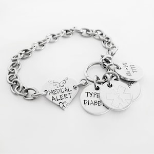 Medical ID Charm Bracelet, Personalized Emergency Alert Identification, Allergy, Diabetes, Epipen, Epilepsy, Medication, Pacemaker, Asthma