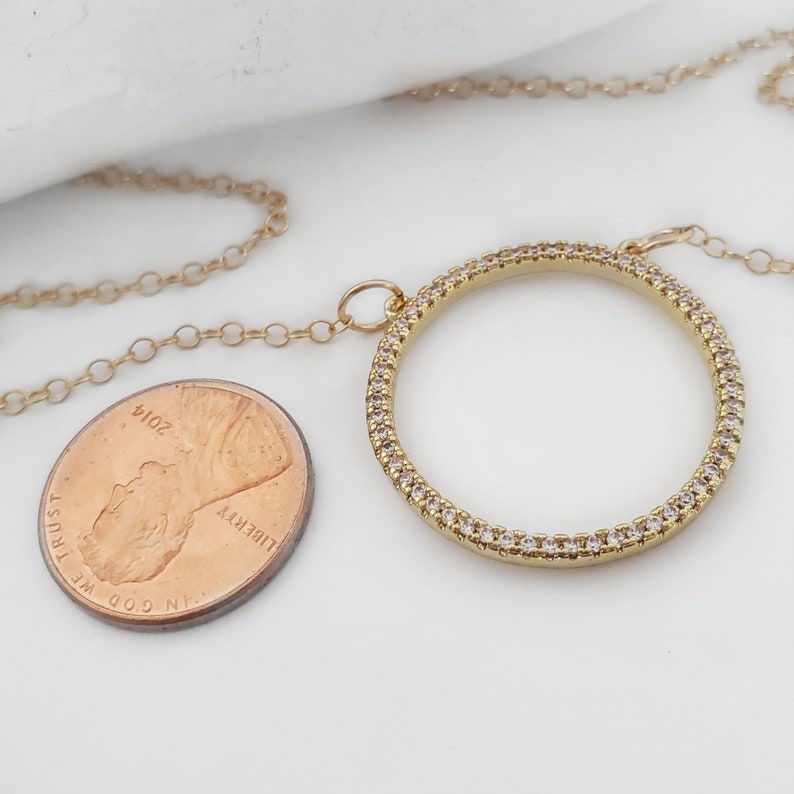 Gold Filled Layering Chain Karma CZ Diamond Pendant Eternal Hoop Open Circle Cubic Zirconia Necklace Crystal April Birthstone