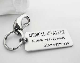 Personalized Medical Alert Keychain, Allergy, Diabetes, Emergency ID