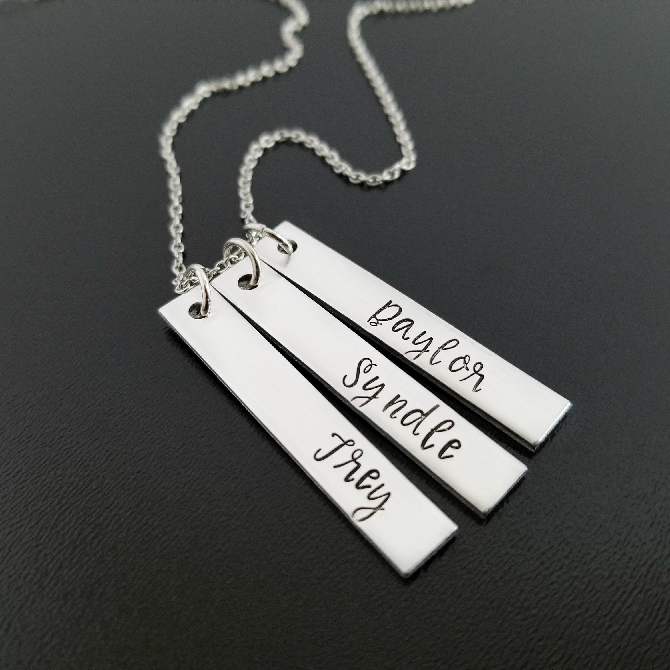 Kids Names Necklace Personalized for Mom, Hand Stamped Vertical Bar C…
