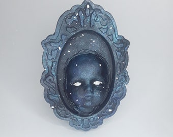 Cosmic Doll Head in Frame Goth Horror Halloween Decor ooak