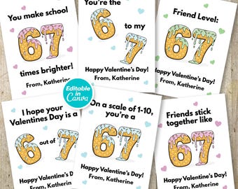 67 Valentine's Day Cards Printable for Kids, Editable Funny Classroom Valentines Six Seven Trend Slang Boys Girls Gen Z Canva