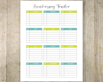 Anniversary Tracker Printable Yearly Anniversary Event Calendar Page Anniversary Planner Letter Size PDF Organizer Instant Download