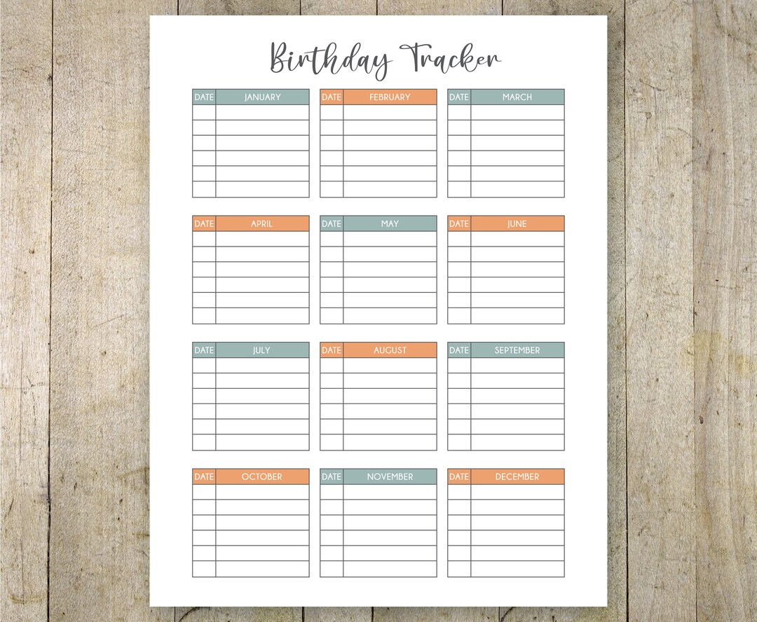 Birthday Tracker Printable, Yearly Birthday Printable, Birthday ...