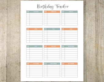 Birthday Tracker Printable, Yearly Birthday Printable, Birthday Calendar Page, Birthday Planner, Letter Size PDF Organizer Instant Download