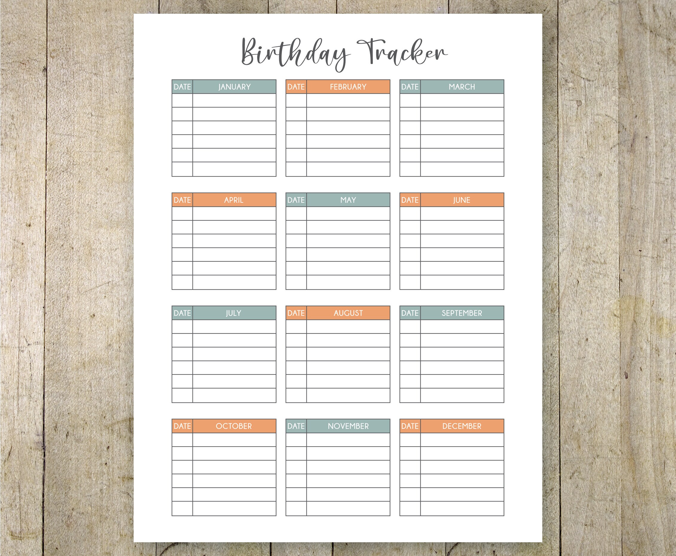 Birthday Tracker Printable Yearly Birthday Printable | Etsy