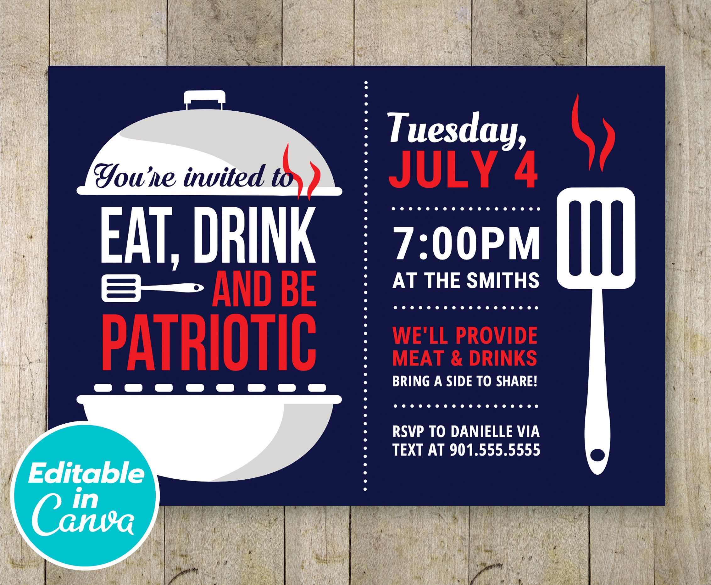 4th of July Invitation, Editable 4th of July Invite, Independence Day Invitation, 4th of July Barbecue, Canva Template, July 4th BBQ, Custom