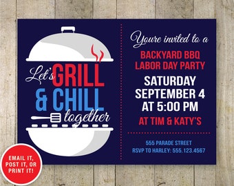 Labor Day Party Invitation, Bbq grill and chill invitation, Printable Invitation, Birthday BBQ, Summer Party Invitation, Cookout Invitation