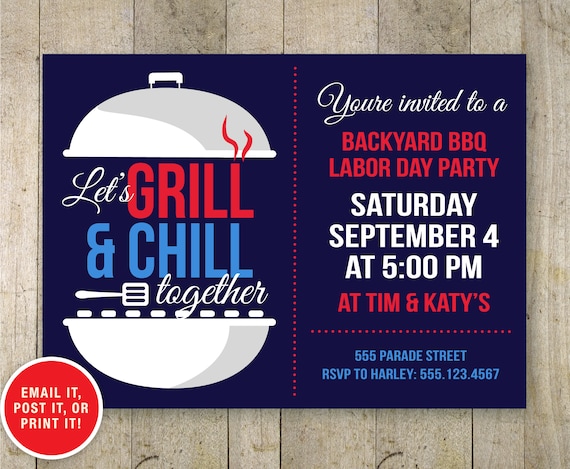 Labor Day Party Invitation, Bbq grill and chill invitation, Printable Invitation, Birthday BBQ, Summer Party Invitation, Cookout Invitation