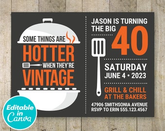40th BBQ birthday invitation editable. BBQ beer party grill and chill. Eat drink and be 40 printable digital invite Editable Canva Template