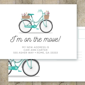Mudei cartão postal, cartão postal personalizado de mudança de endereço, anúncio de mudança, cartão postal imprimível, nos mudamos, bicicleta vintage, cartão postal personalizado