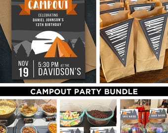 Camping Birthday Party Bundle Printable Birthday Package Instant Download Editable with Canva Custom Invitation Table Tents and Pendants