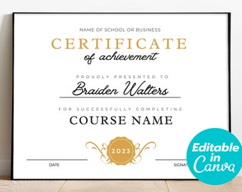 Certificate of Completion Canva Template, Printable School Certificate, Editable Training Certificate Template, Edit with Canva, Homeschool