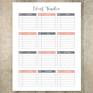 Seguimiento de eventos imprimible, evento anual imprimible, página de calendario de eventos, planificador de cumpleaños, organizador PDF tamaño carta Descarga instantánea