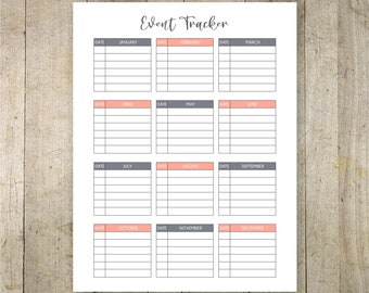 Event Tracker Printable, Yearly Event Printable, Event Calendar Page, Birthday Planner, Letter Size PDF Organizer Instant Download