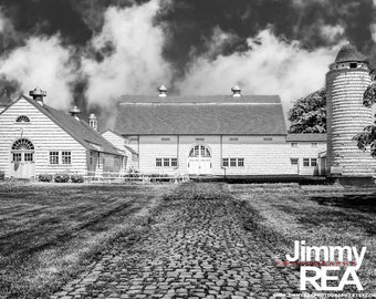 Picture of white barn in black and white print or canvas, farmhouuse wall decor for your home.