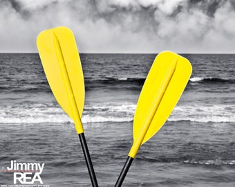 Kayak boat paddles fine art photography, yellow wall decor, coastal print ,nautical picture, beach house wall art, B & W photograph