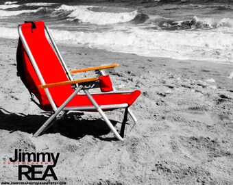 Beach art photography, beach house decor, ocean photo, wall art,coastal print,fine art photography, beach chair, red, beach house picture