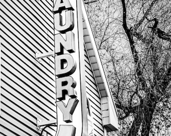 Fine art photography picture of laundromat sign perfect for Laundry room, Black and white, color or canvas prints