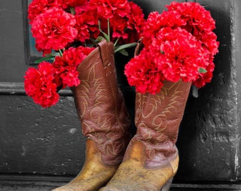 Western photograph wall decor, cowgirl art, fine art photography, office art, gift ideas, flower picture, red rustic boots, valentine's day