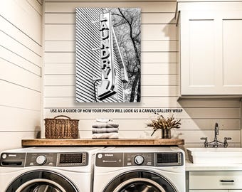 Laundromat Sign Photography Print: Black and White Laundry Room Wall Art