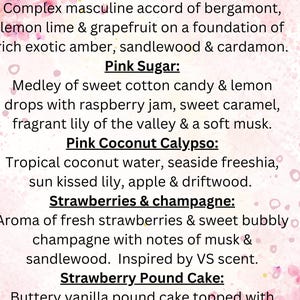 May include: A list of different candle scents with descriptions. The scents include Mermaid, Mr. Perfect, Pink Sugar, Pink Coconut Calypso, Strawberries & Champagne, and Strawberry Pound Cake.
