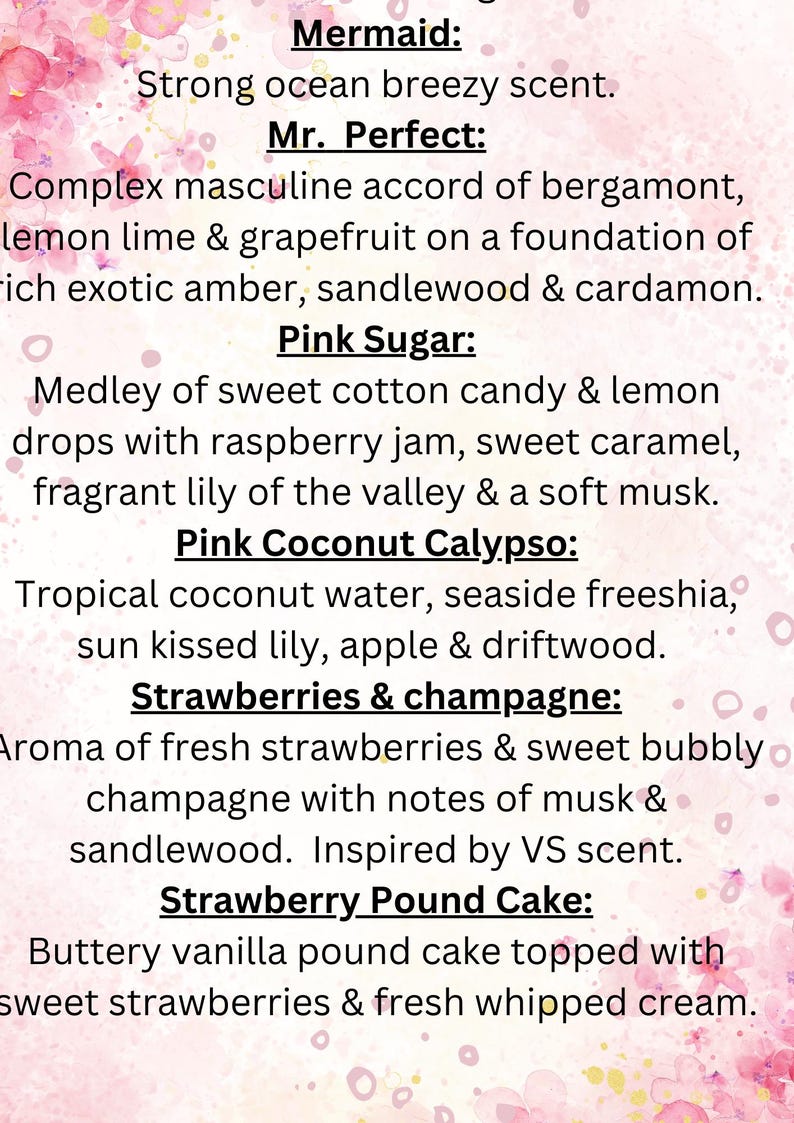 May include: A list of different candle scents with descriptions. The scents include Mermaid, Mr. Perfect, Pink Sugar, Pink Coconut Calypso, Strawberries & Champagne, and Strawberry Pound Cake.
