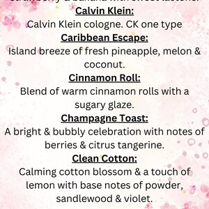 May include: A pink and white floral background with text describing different scents. The scents are: Butt Naked, Calvin Klein, Caribbean Escape, Cinnamon Roll, Champagne Toast, and Clean Cotton.