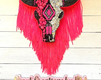 Aztec Bull Skull Car Freshie, Hot Pink Fringe