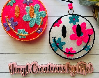 Floral smiley car freshie, car air freshener, freshie, aroma bead car freshie, mama life freshie, cute car freshie, smiley face freshie