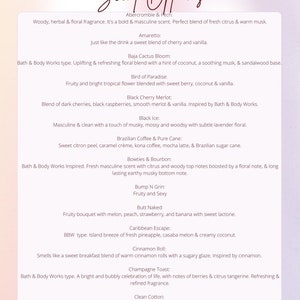 K&ouml;nnte beinhalten: Eine rosa und wei&szlig;e Grafik mit dem Text "Vinyl Creations by Melissa" und "Scent Options" in einer dekorativen Schriftart. Die Grafik listet verschiedene D&uuml;fte mit Beschreibungen auf, darunter "Abercrombie & Fitch", "Amaretto", "Baja Cactus Bloom", "Bird of Paradise", "Black Cherry Merlot", "Black Ice", "Brazilian Coffee & Pure Cane", "Bowties & Bourbon", "Bump N Grin", "Butt Naked", "Caribbean Escape", "Cinnamon Roll", "Champagne Toast" und "Clean Cotton".