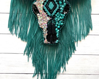 Aztec Bull Car Freshie, Turquoise Stone, Glitter Skull