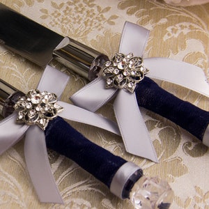 Navy and Silver Cake Cutting Set Wedding Cake Serving Set Navy Blue Wedding Cake Server Set Wedding Knife Set