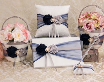 Navy Blue and Gray Wedding Ring Bearer Pillow, Flower Girl basket, Gray Wedding Guest Book, Pen Holder, Garter Set, Wedding Accessories Set